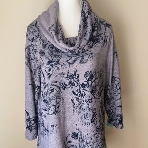 One World Gray & Blue Floral Cowl Neck Tunic 3/4 Sleeve Boho